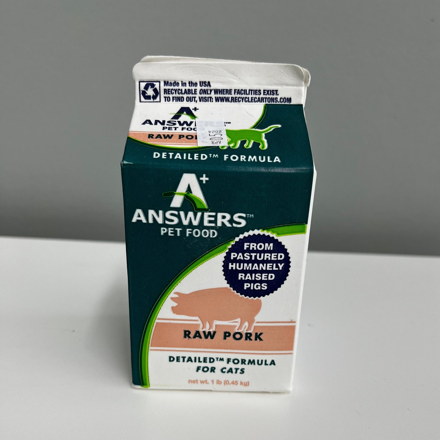 Answers Frozen Detailed Cat Diet- Pork 1lb