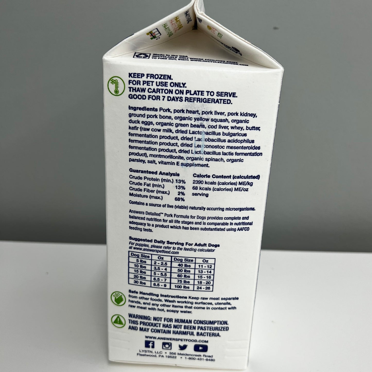 Answers Frozen Detailed Dog Diet- Pork 4lb