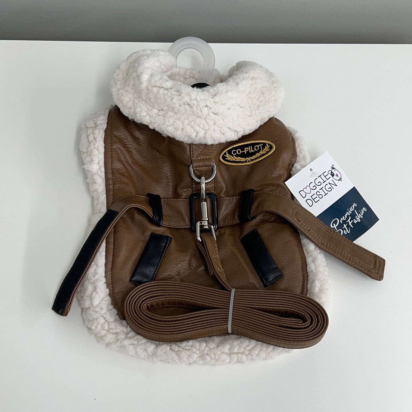 Faux Leather Bomber Dog Coat Harness with Leash