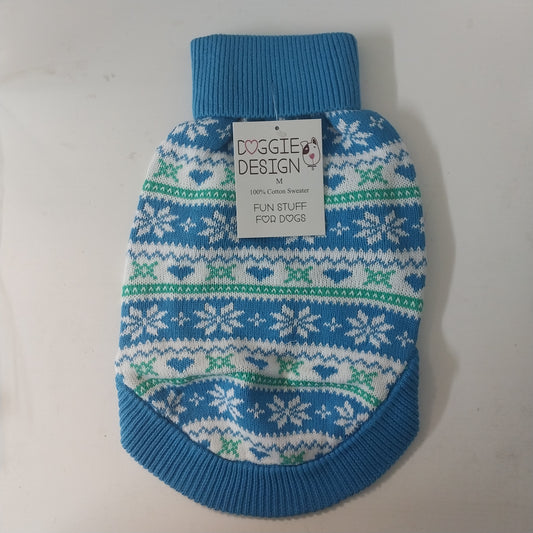 Cotton Blue Snowflake and Hearts Dog Sweater